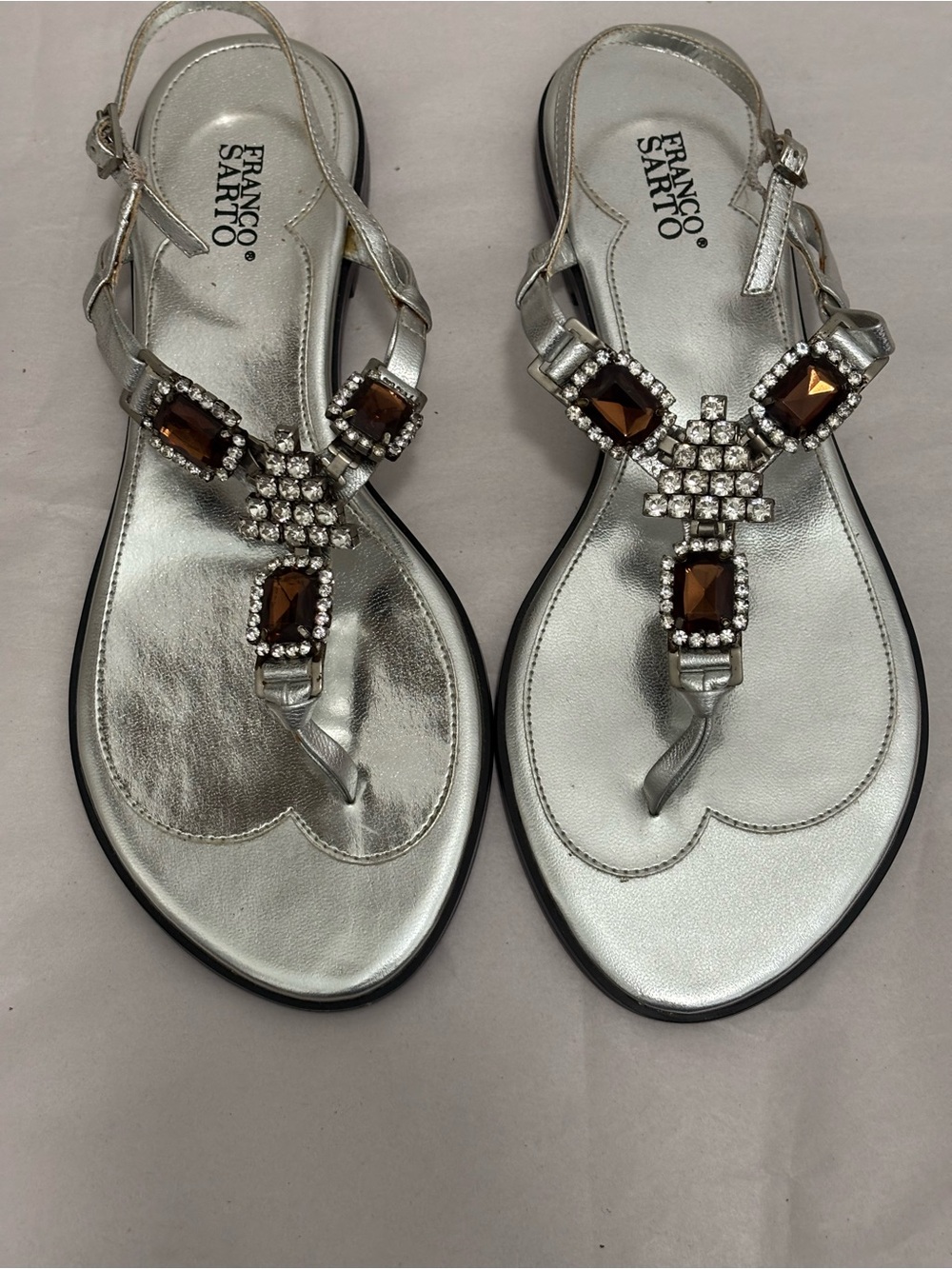 Franco Sarto Silver Thong Sandals with Amber Jewel Accents